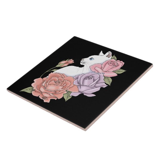 Weiße Katze Peach Lavendel Pink Roses Fliese (Seite)