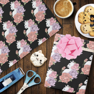 Weiße Katze Peach Lavendel Pink Roses Geschenkpapier