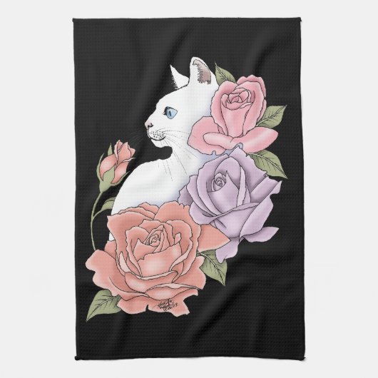 Weiße Katze Peach Lavendel Pink Roses Geschirrtuch (Vertikal)