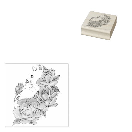 Weiße Katze Peach Lavendel Pink Roses Gummistempel (Stempel)