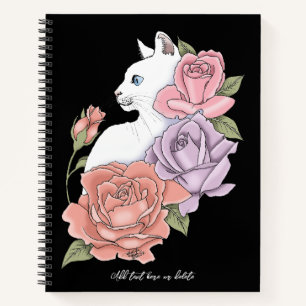 Weiße Katze Peach Lavendel Pink Roses Notizblock