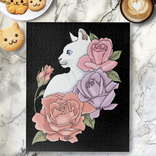 Weiße Katze Peach Lavendel Pink Roses Puzzle