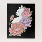 Weiße Katze Peach Lavendel Pink Roses Puzzle (Vertikal)