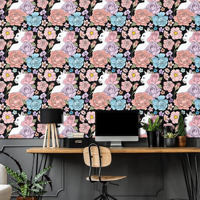 Weiße Katze Peach Lavendel Pink Roses Tapete (Von Creator hochgeladen)