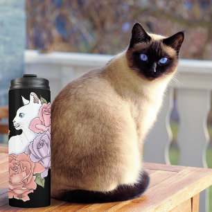 Weiße Katze Peach Lavendel Pink Roses Thermosbecher