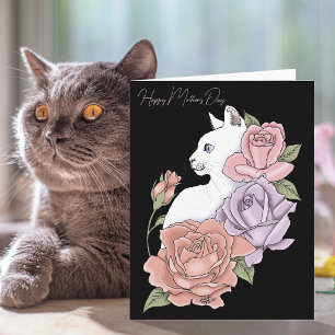 Weiße Katze Rosa Pastellrosen Schwarzer Muttertag Karte