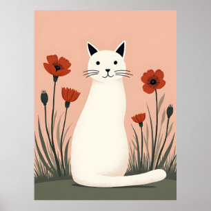 Weiße Katze Rote Mohnblumen Poster