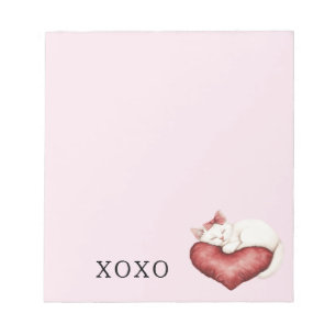 Weiße Katze Rotes Herz Kissen Notizblock