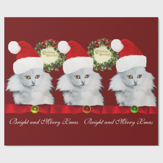 WEISSE KATZE, SANTA CLAUS HAT UND CHRISTMAS KROWN GESCHENKPAPIER (Flach)