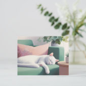 Weiße Katze Schlafen auf grünem Sofa / Katzen Lieb Postkarte (Stehend Vorderseite)