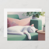 Weiße Katze Schlafen auf grünem Sofa / Katzen Lieb Postkarte (Vorne/Hinten)