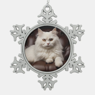 Weiße Katze Schneeflocken Zinn-Ornament