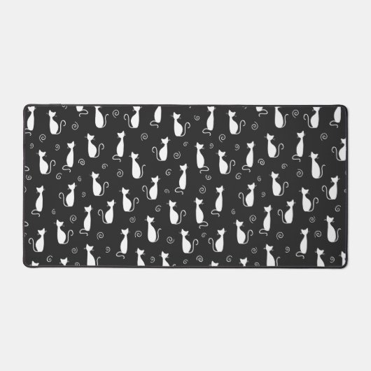 Weiße Katze Silhouette Muster auf Schwarz Schreibtischunterlage (Vorderseite)