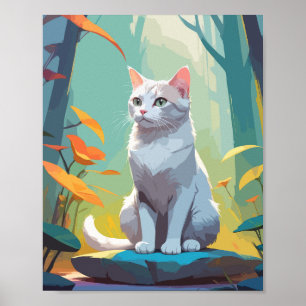 Weiße Katze sitzt auf einem Felsen im Wald Poster