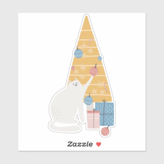 Weiße Katze spielt mit Ziern Weihnachtsbaum Aufkleber (Blatt)