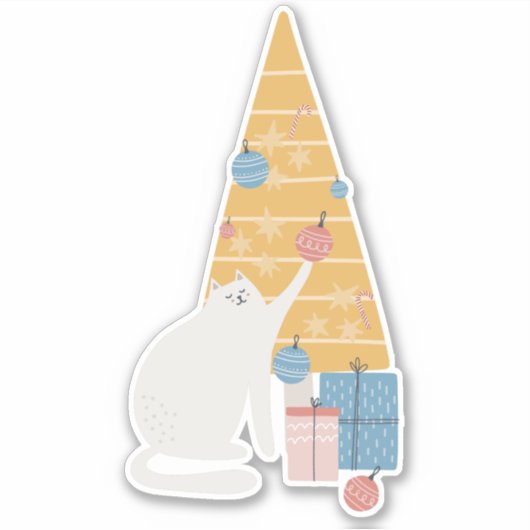Weiße Katze spielt mit Ziern Weihnachtsbaum Aufkleber (Vorderseite)