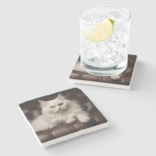 Weiße Katze Steinuntersetzer (Seitenansicht)