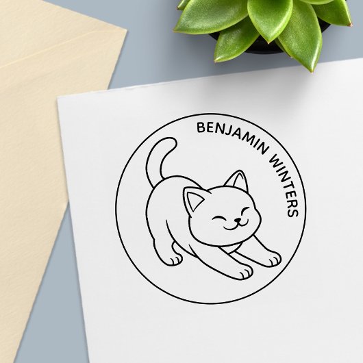 Weiße Katze Stretching Benutzerdefinierter Text Permastempel