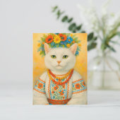 Weiße Katze Ukrainische Blume Wreath Postkarte (Stehend Vorderseite)