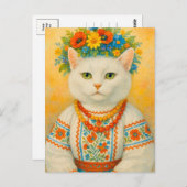 Weiße Katze Ukrainische Blume Wreath Postkarte (Vorne/Hinten)