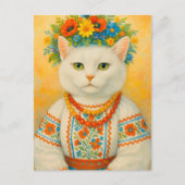 Weiße Katze Ukrainische Blume Wreath Postkarte (Vorderseite)