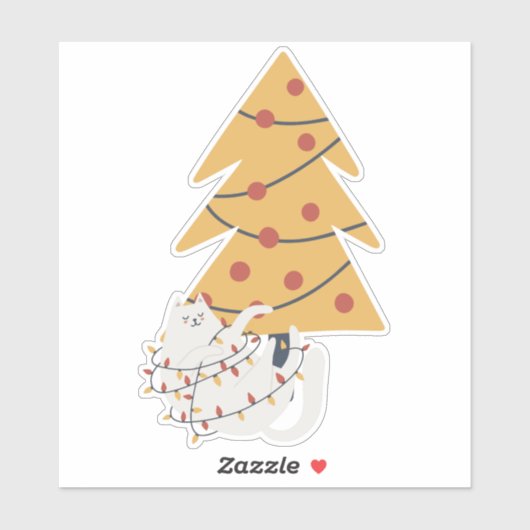 Weiße Katze umhüllt in rote Weihnachtsbaumleuchten Aufkleber (Blatt)