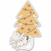 Weiße Katze umhüllt in rote Weihnachtsbaumleuchten Aufkleber (Vorderseite)