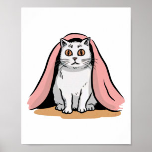 Weiße Katze unter einem rosa Kissen Aufkleber  Poster