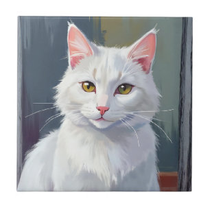 Weiße Katze   Wasserfarben-Katze Haustiermalerei Fliese