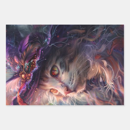 Weiße Katzen als Hexen-Lila-Decoupage Geschenkpapier Set (Vorderseite)