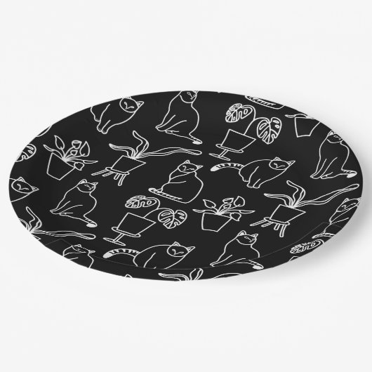 Weiße Katzen auf schwarz Pappteller (Schrägansicht)