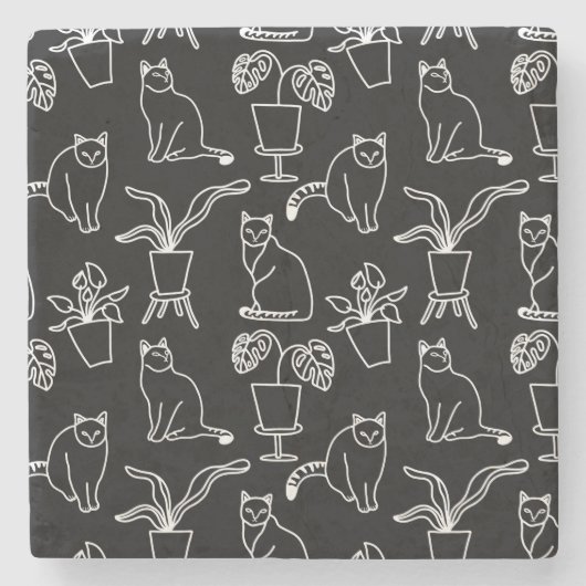 Weiße Katzen auf schwarz Steinuntersetzer (Vorderseite)