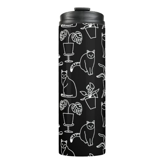 Weiße Katzen auf schwarz Thermosbecher (Vorderseite)