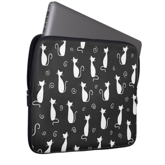 Weiße Katzen Muster auf schwarz Laptopschutzhülle (Vorne Rechts)