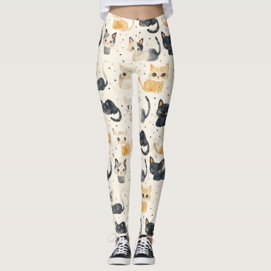 Weiße Katzen Muster Leggings (Vorderseite)