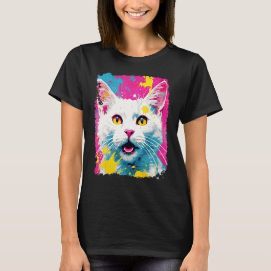 Weiße Katzen-Pop-Art T-Shirt (Vorderseite)