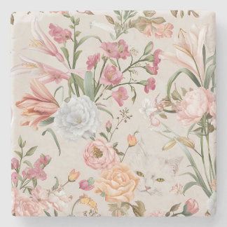 Weiße Katzen rosa Rosen floral Steinuntersetzer