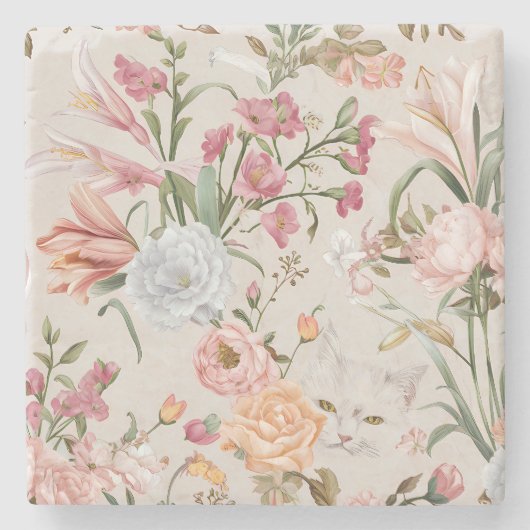 Weiße Katzen rosa Rosen floral Steinuntersetzer (Vorderseite)