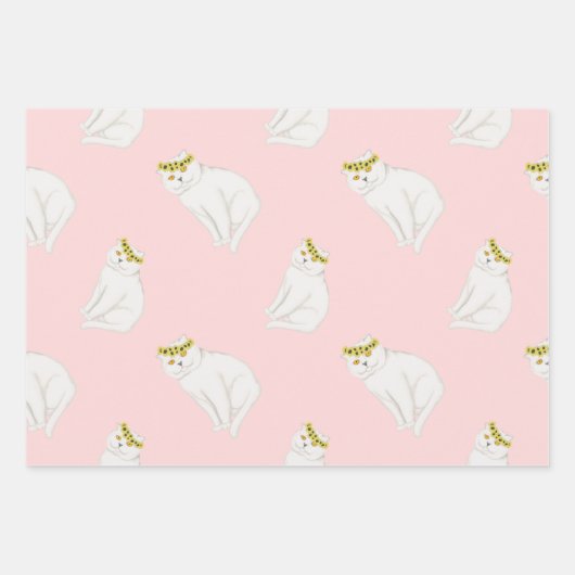 Weiße Katzen und Kranzsonnenblumen Geschenkpapier Set (Vorderseite)