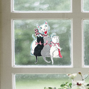 Weiße Katzenkätzchen mit rosa Bändern im Vintage-L Fensteraufkleber