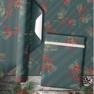 Weiße Kiefernzweig-Ilex-Beeren Schiefergrüne Strei Geschenkpapier