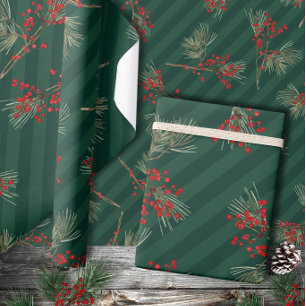 Weiße Kiefernzweige Ilex-Beeren Smaragdgrün Geschenkpapier
