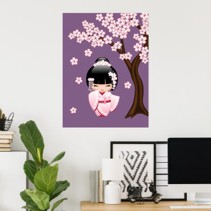 Weiße Kimono Kokeshi Puppe - Süßes Geisha-Mädchen Poster