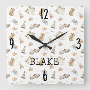 Weiße Kinderzimmer-Wasserfarbe Vintage-Spielzeug 1 Quadratische Wanduhr