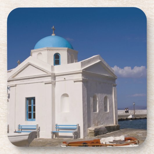 Weiße Kirche am Strand in der Nähe des Ägäischen M Untersetzer (Vorderseite)