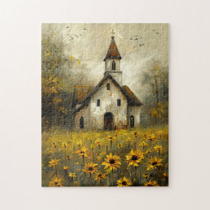 Weiße Kirche Gelbe Wildblumen Rustikal Puzzle