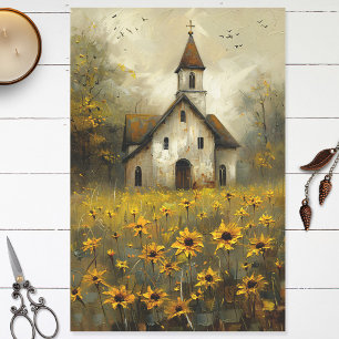 Weiße Kirche Gelbe Wildblumen Rustikale Decoupage Seidenpapier
