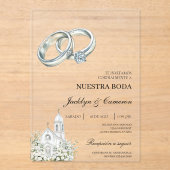 Weiße Kirche mit Ring Spanische Hochzeit Acryleinladungen (Vorderseite)