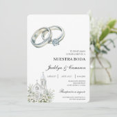 Weiße Kirche mit Ring Spanische Hochzeit Einladung (Stehend Vorderseite)