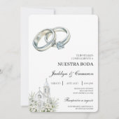 Weiße Kirche mit Ring Spanische Hochzeit Einladung (Vorderseite)